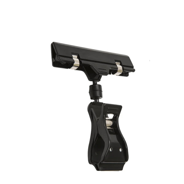 Détail de la fixation articulée d'une pince porte-prix pour support de rayon professionnel