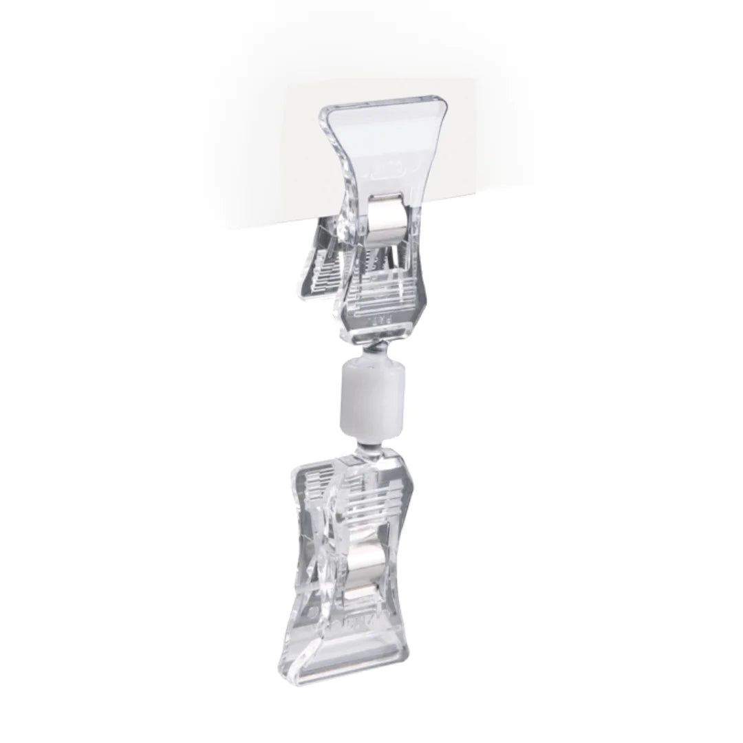Pince porte-prix articulée format mini transparente pour étagère à faible profondeur
