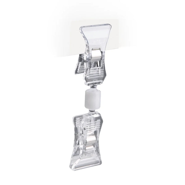 Pince porte-prix articulée format mini transparente pour étagère à faible profondeur