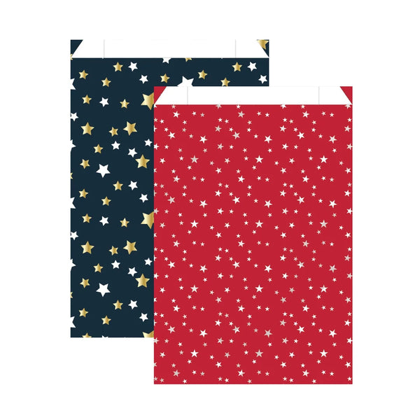 Pochettes cadeaux de Noël motif étoiles blanches sur fond rouge, 6 formats disponibles pour commerce