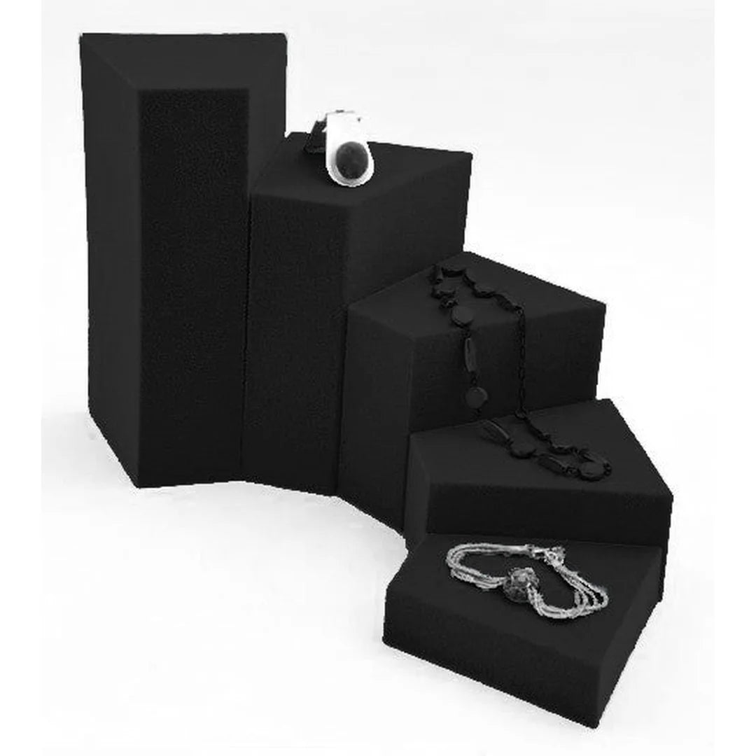 Lot de 5 podiums floqués velours noir pour présentation de bijoux en boutique, surface 10x10 cm hauteur 20 cm