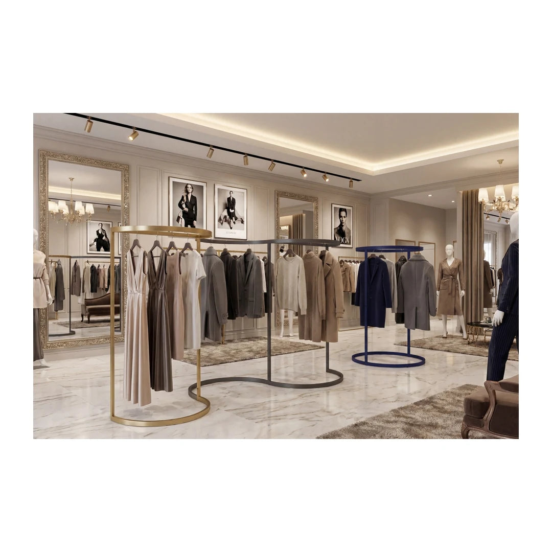 Portant demi-cercle professionnel modulable, vue de détail, pour boutique et prêt-à-porter