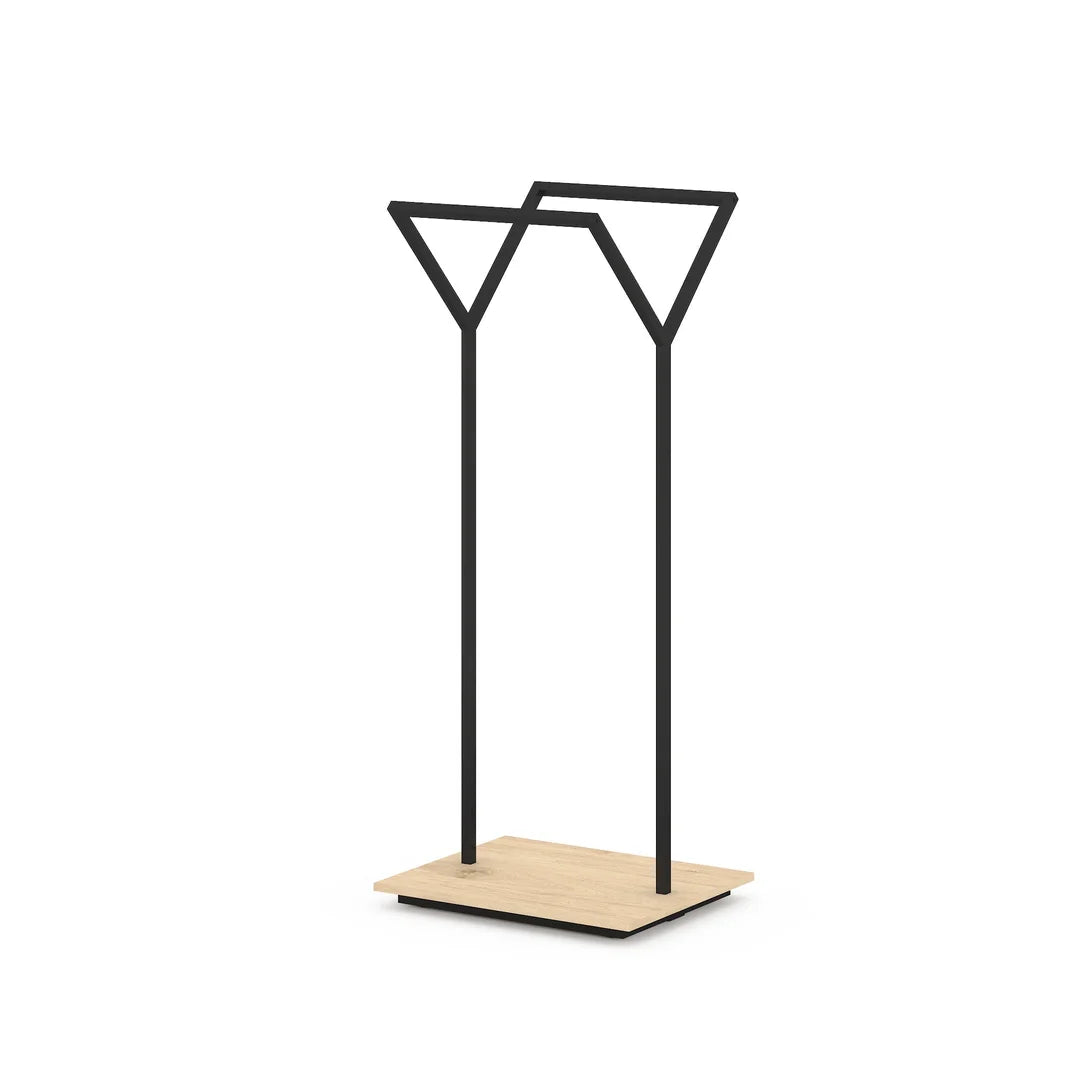 Portant double en Y 68 cm, socle mélaminé, hauteur 160 cm, espace de vente professionnel