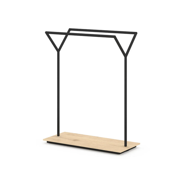 Portant double en Y métal et socle mélaminé, largeur 128 cm, hauteur 160 cm, usage professionnel magasin