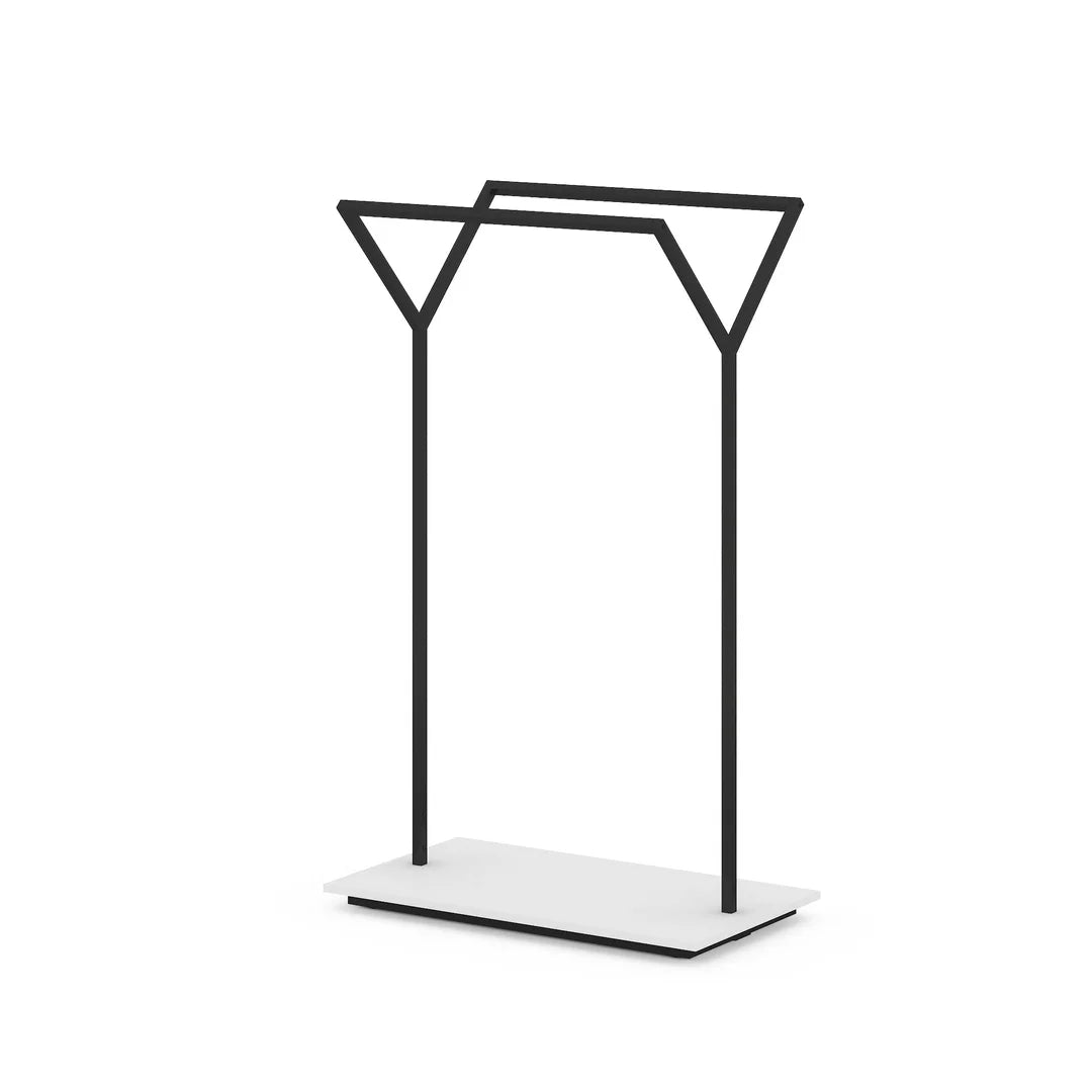 Portant double barre en Y 98 cm, structure métal et socle mélaminé personnalisable, boutique prêt-à-porter