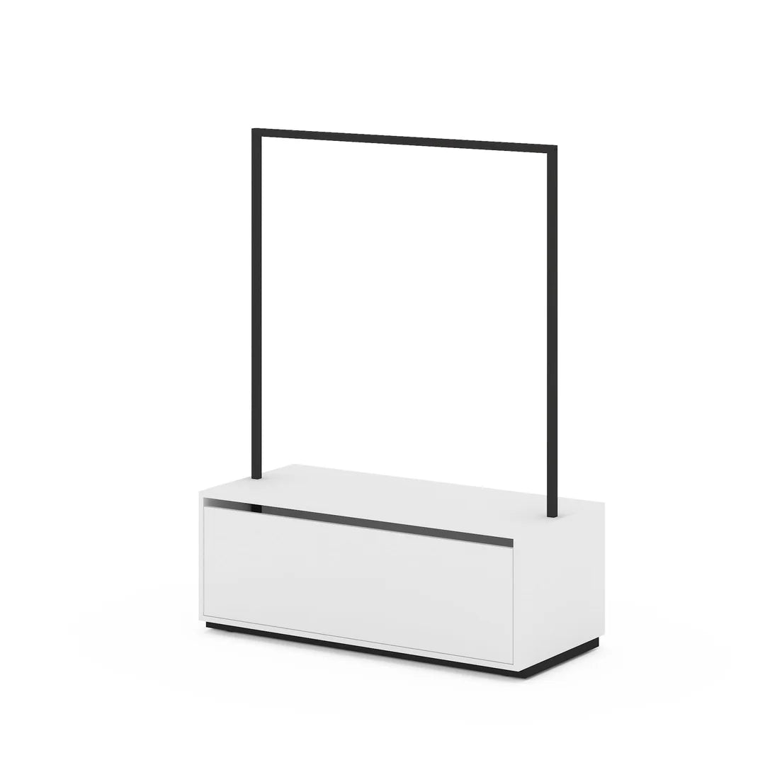 Portant fixe métal 120 cm avec socle mélaminé à tiroir pour boutique et showroom