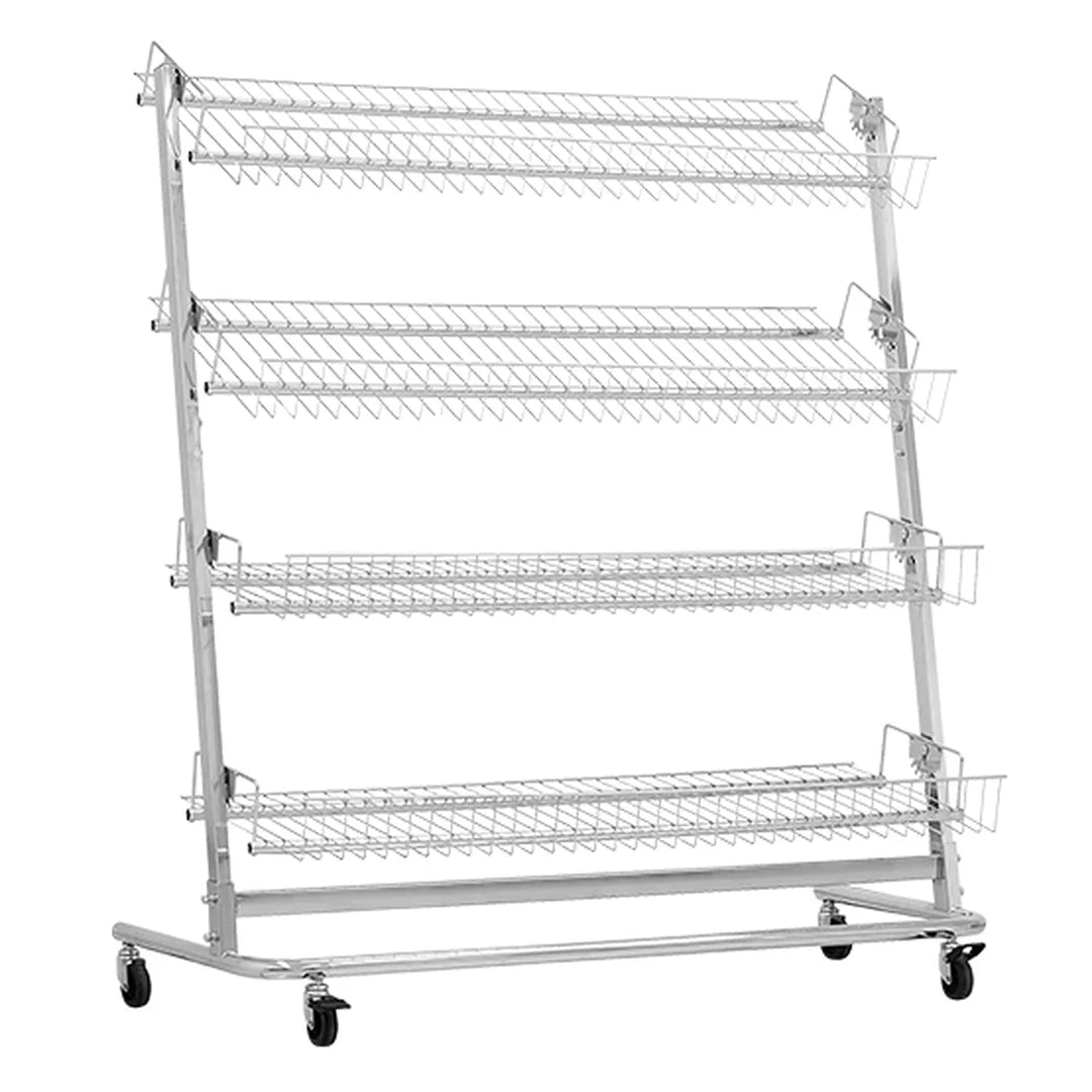 Portant grille 4 rayons inclinables en métal chromé sur roulettes pour magasin professionnel