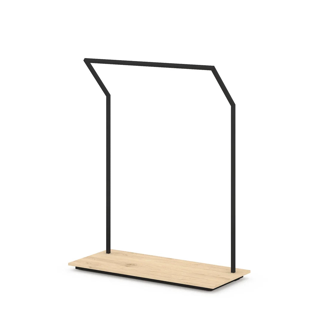 Portant vêtements incliné métal avec socle mélaminé, largeur 128 cm, hauteur 160 cm, usage boutique