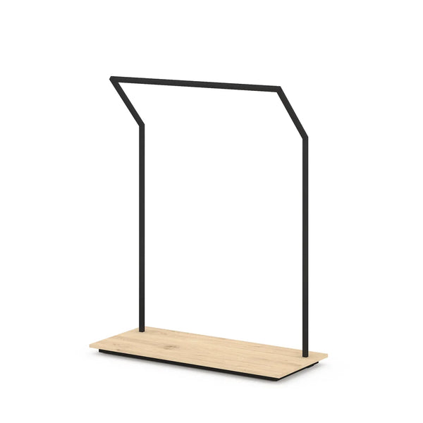 Portant vêtements incliné métal avec socle mélaminé, largeur 128 cm, hauteur 160 cm, usage boutique
