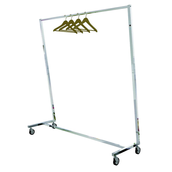 Portant en L oblique tube carré finition chromée pour boutique prêt-à-porter, charge 50 kg