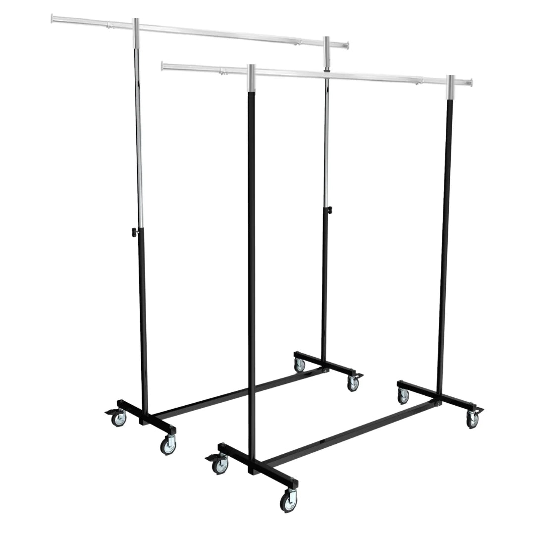 Portant pliable professionnel métal noir et chromé avec roues Ø 8 cm, usage magasin
