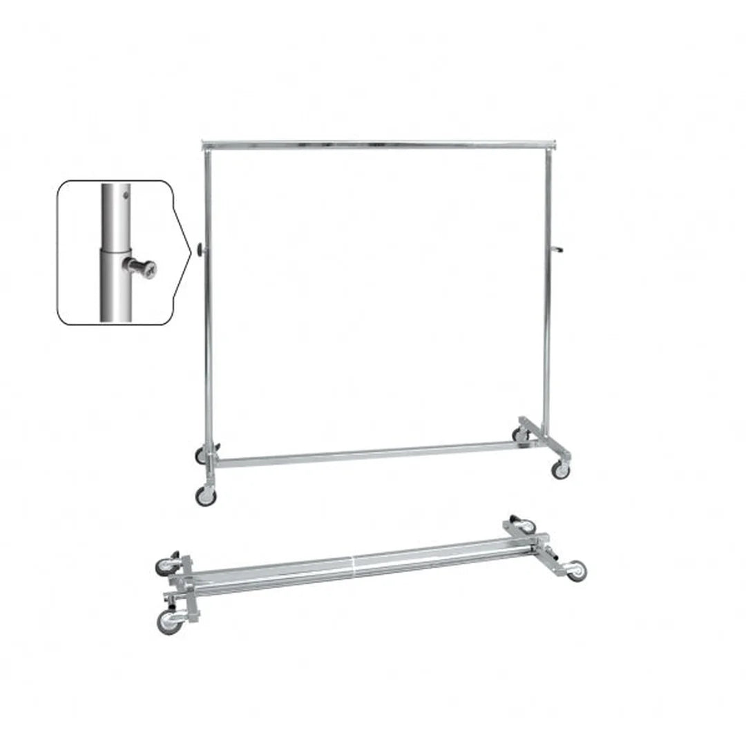 Portant pliable en métal chromé avec réglage en hauteur par taquets rétractables, usage boutique
