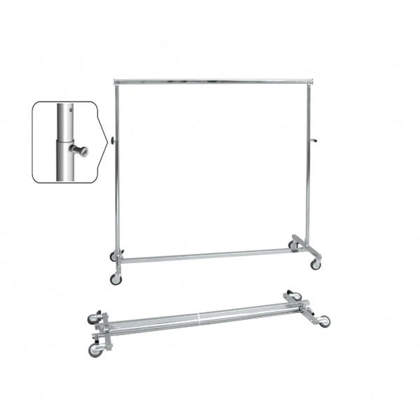 Portant pliable en métal chromé avec réglage en hauteur par taquets rétractables, usage boutique