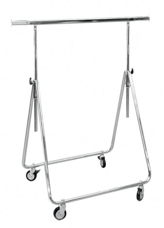 Portant pliable et réglable L85 cm – structure chromée avec roulettes Ø8 cm, hauteur ajustable pour représentants commerciaux et showrooms