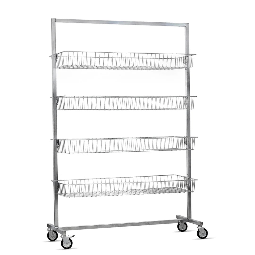 Portant à rayonnages chromé avec 4 paniers inclinables pour magasin, structure métal 150 cm sur roulettes
