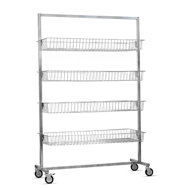 Portant à rayonnages chromé avec 4 paniers inclinables pour magasin, structure métal 150 cm sur roulettes