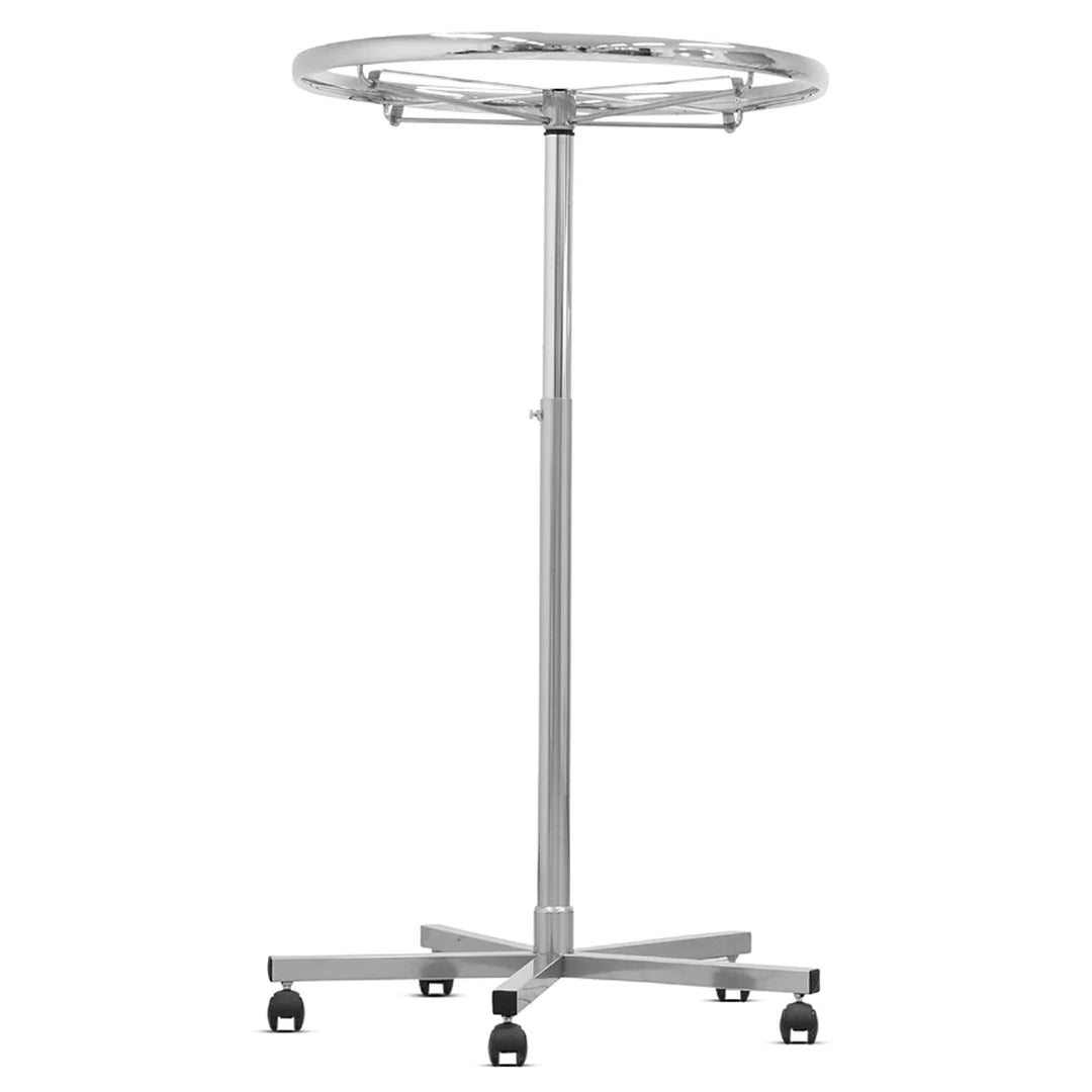 Portant rond en métal chromé réglable en hauteur, diamètre 80 cm, sur roulettes, pour magasin de vêtements