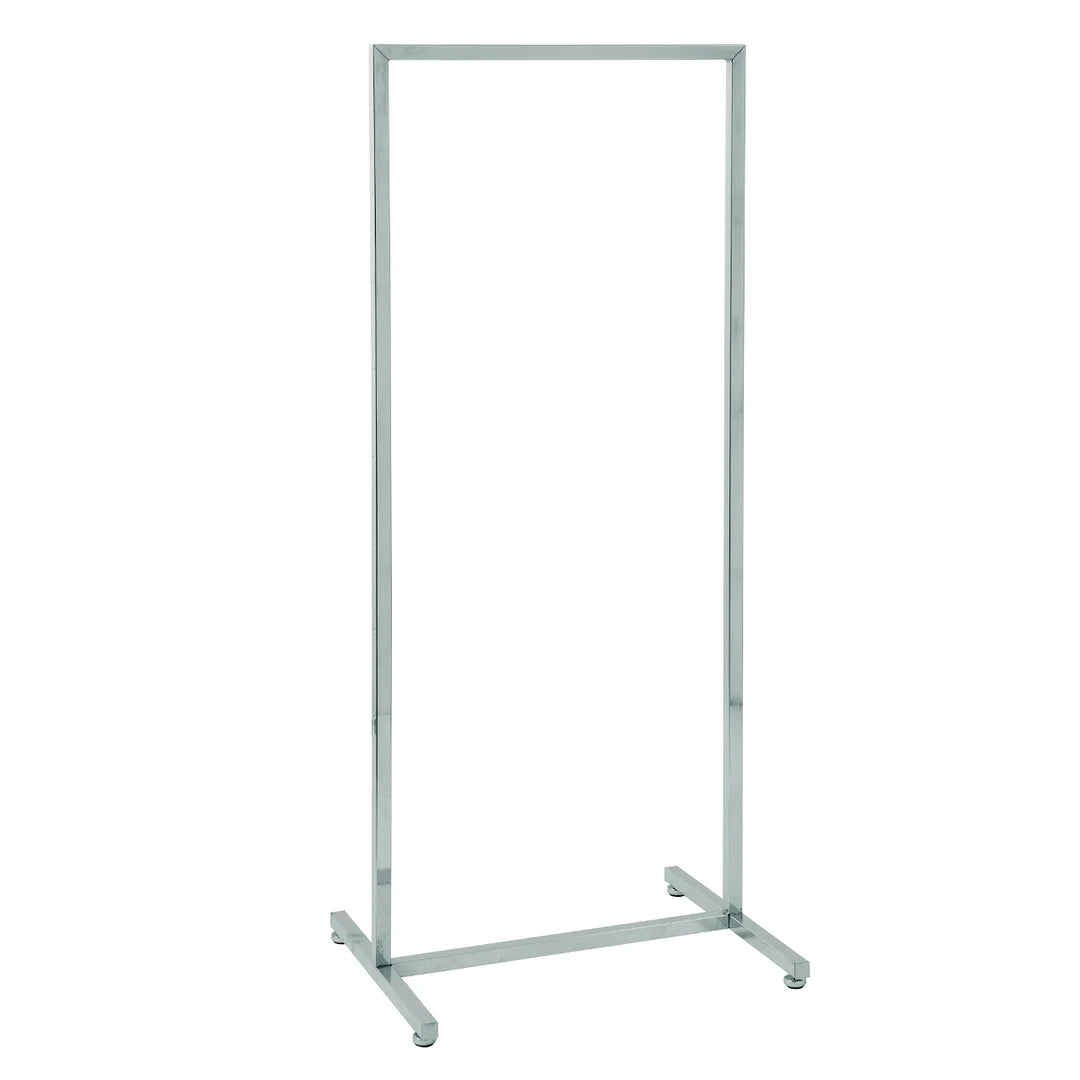 Portant tube carré chromé hauteur fixe 152 cm pour boutique de prêt-à-porter, largeur 90 ou 122 cm