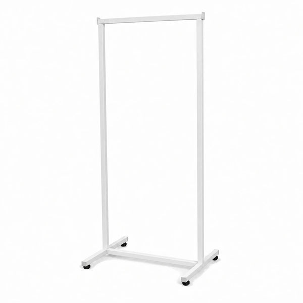Portant vêtements en tube carré finition blanc mat hauteur 152cm pour boutique et showroom