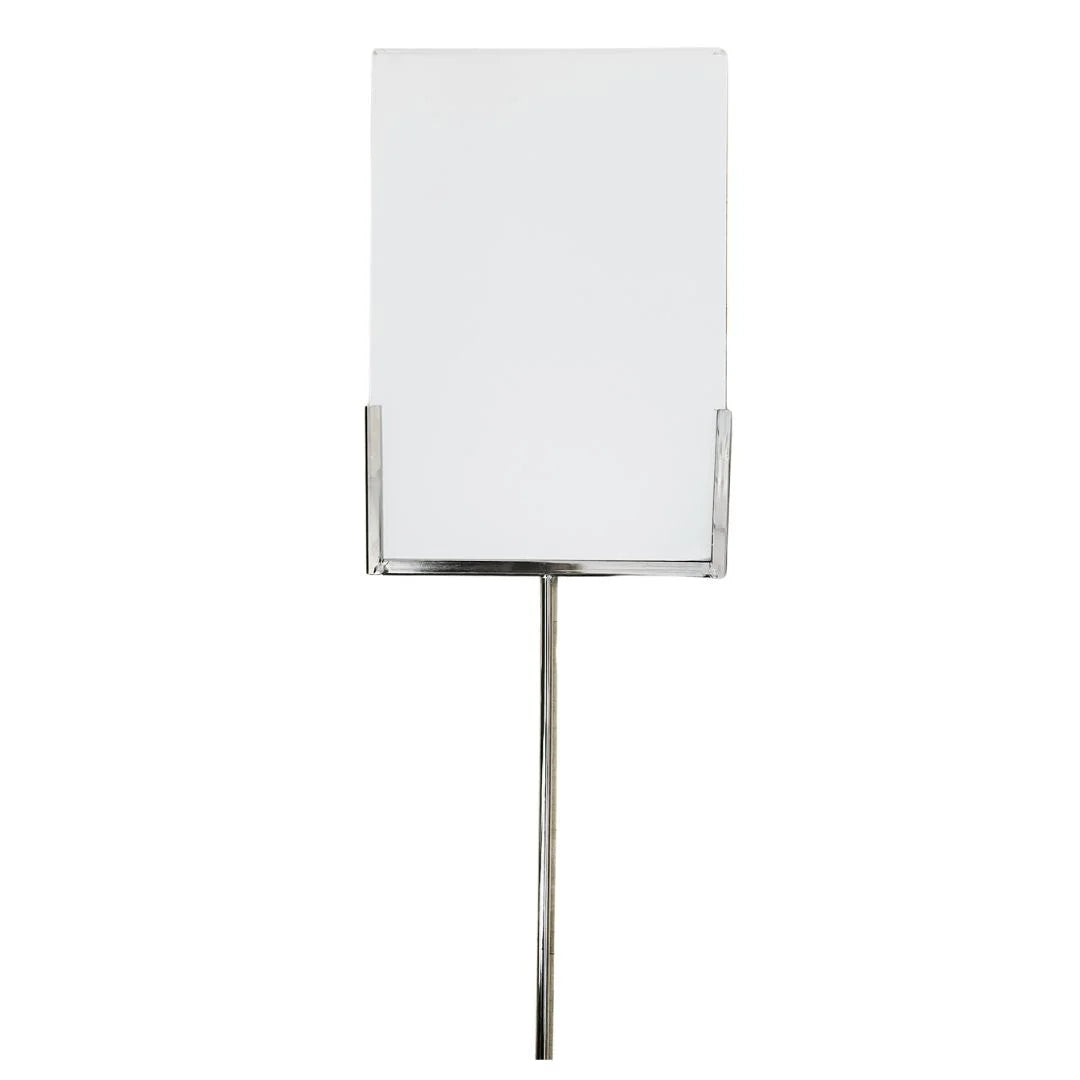 Porte-affiche vertical A4 sur tige métal chromé avec pochette plexiglas, pour comptoir de magasin