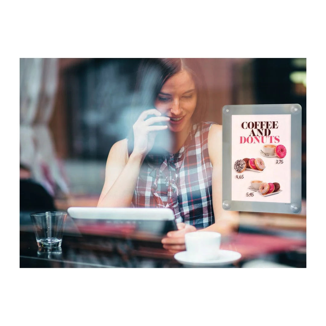 Porte-affiche vitrine format A4 coloris gris avec ventouses, pour affichage professionnel en commerce