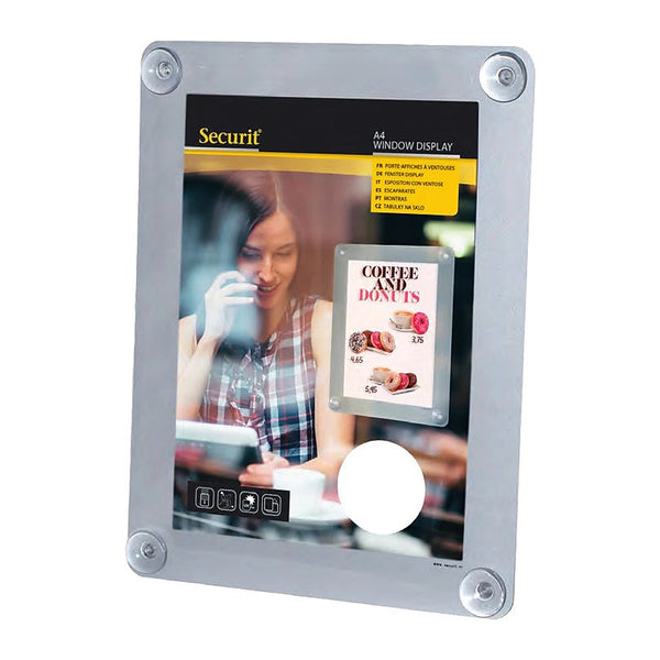 Porte-affiche pour vitre à ventouses double face résistant aux UV, format A3 ou A4, coloris gris ou noir