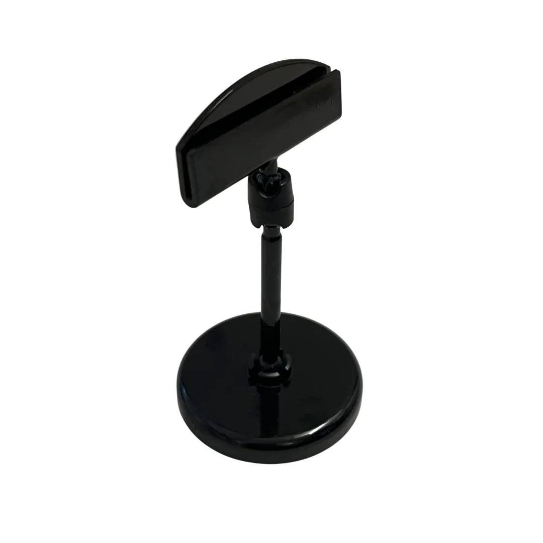 Porte-prix articulé acrylique noir Ø5 cm posé sur comptoir de magasin