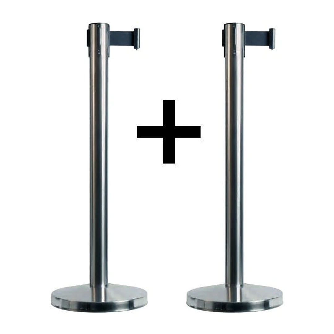 Set de 2 poteaux d'accueil rétractables finition chromée avec sangle nylon noire 190 cm