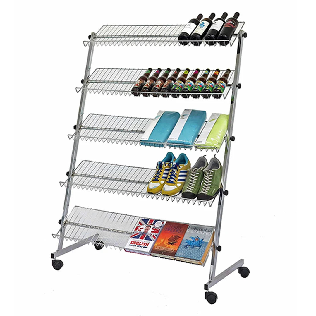 Présentoir accessoires professionnel 5 rayons inclinables chromé sur roulettes, 150 cm de hauteur