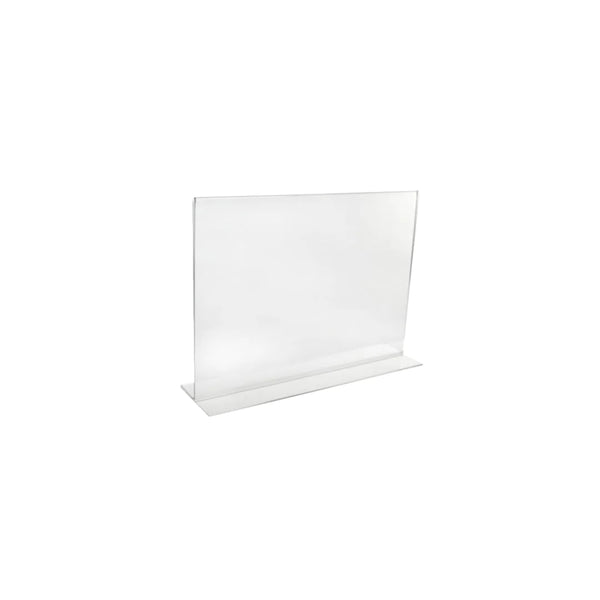 Présentoir acrylique transparent double face en format paysage, posé sur comptoir