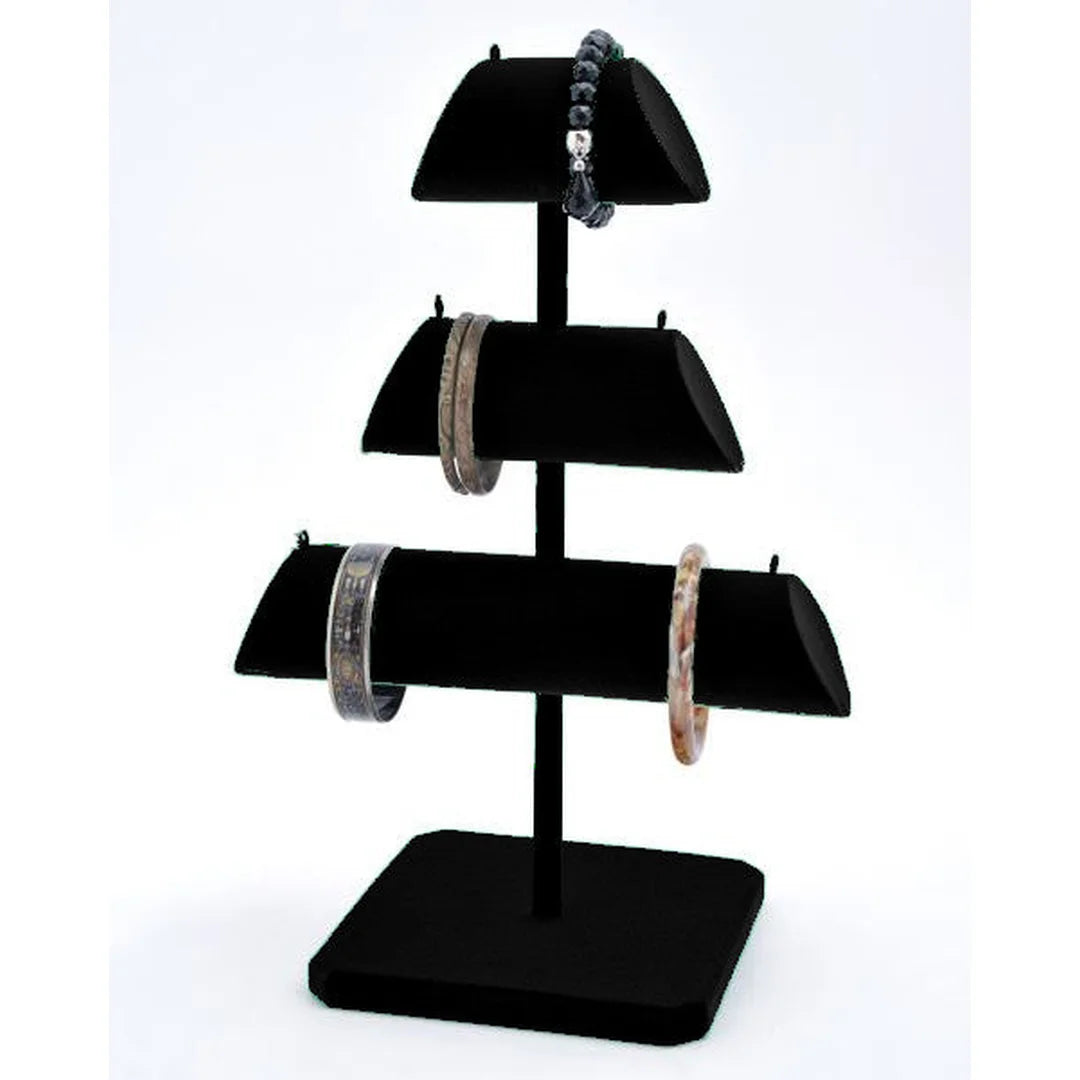 Présentoir à 3 cylindres floqué velours noir pour bracelets et montres, format 23 x 36 cm