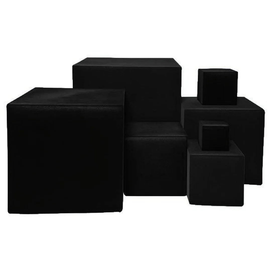 Présentoir cube floqué velours noir pour bijoux en 3 formats — 10, 15 et 20 cm, usage professionnel en vitrine