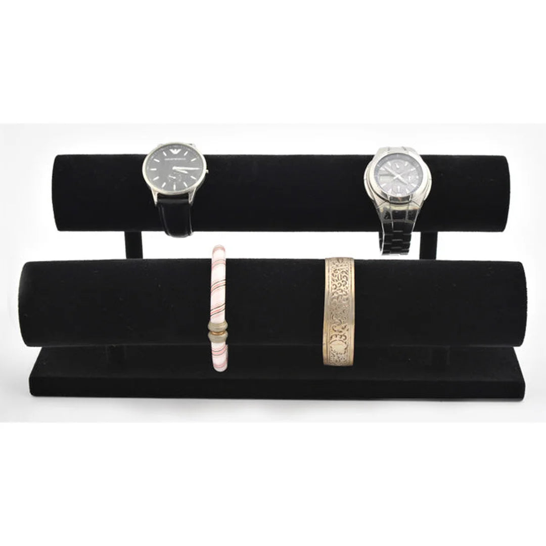 Présentoir à 2 cylindres floqué velours noir pour montres et bracelets, armature bois, usage professionnel