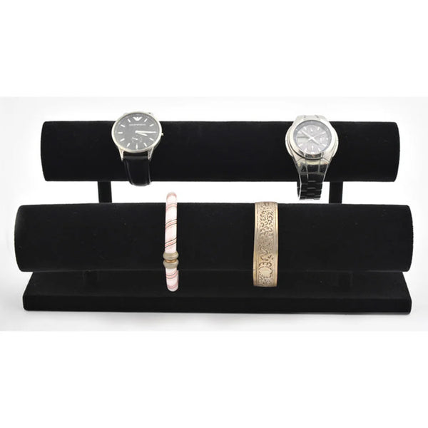 Présentoir à 2 cylindres floqué velours noir pour montres et bracelets, armature bois, usage professionnel