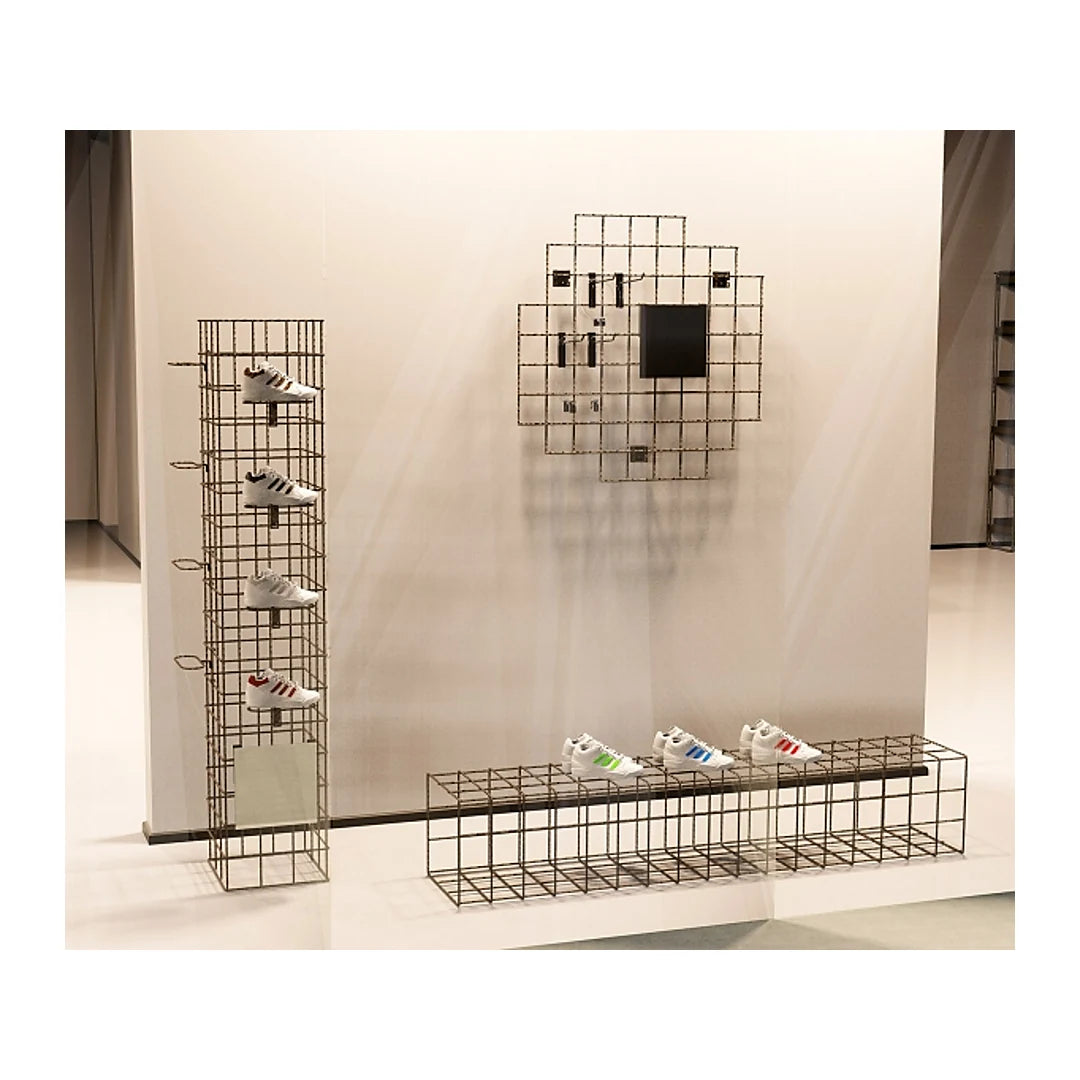 Détail maille 10x10 cm du présentoir grille autoportant pour magasin et vitrine