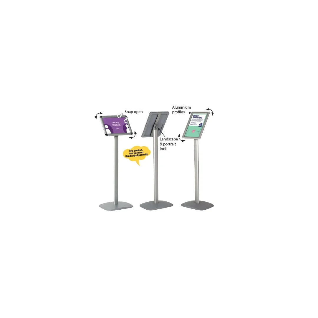 Schéma dimensions présentoir incliné sur pied A4/A3 — base 42x30 cm, hauteur pied 100 cm