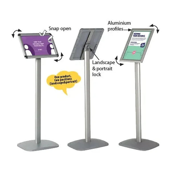 Schéma dimensions présentoir incliné sur pied A4/A3 — base 42x30 cm, hauteur pied 100 cm