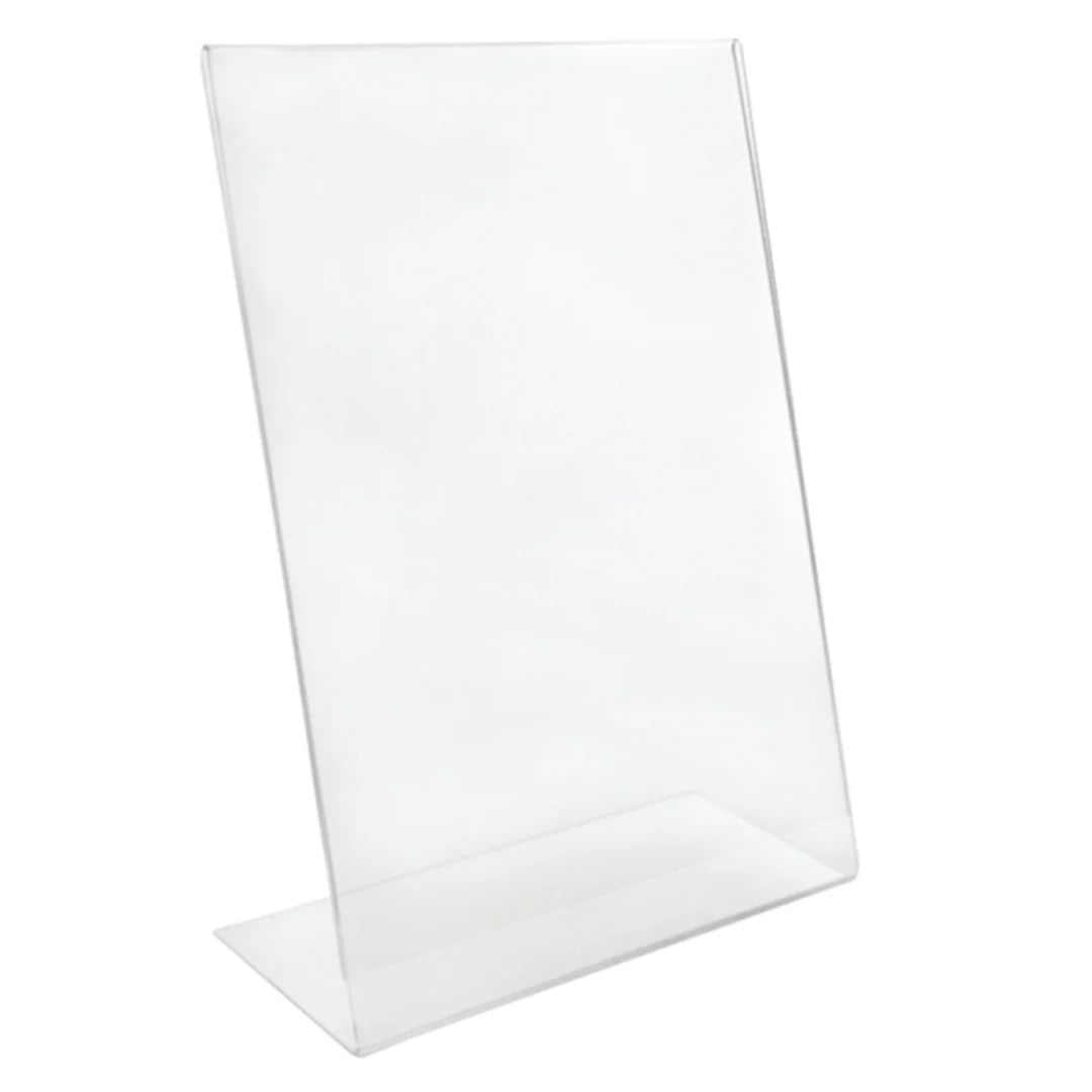 Présentoir plexiglas vertical incliné pour 1 feuille DIN, idéal pour prix, menu ou information en boutique