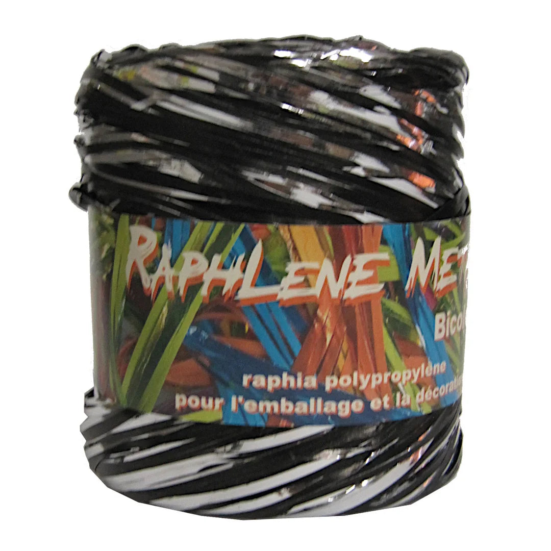 Raphia métallisé argent noir polypropylène 12,5 mm x 200 m – bobine bicolore professionnelle