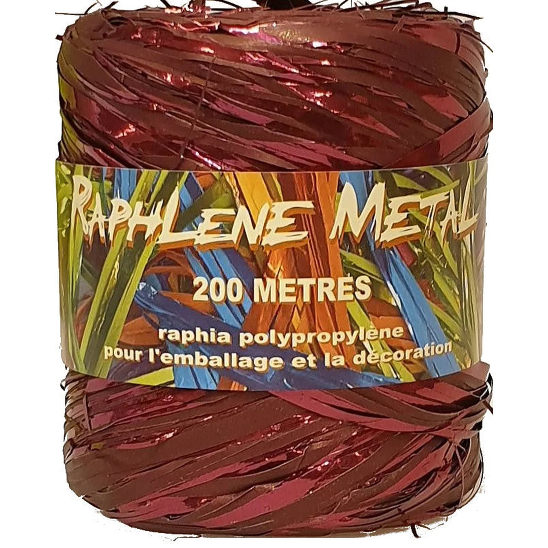 Raphia métallisé bordeaux polypropylène 12,5 mm x 200 m – bobine pour boutique et caviste