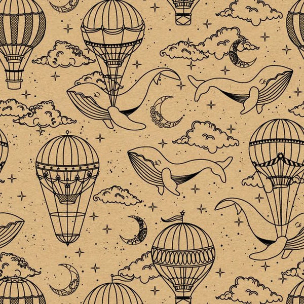 Rouleau papier kraft brun imprimé motif montgolfière et baleine 70 cm x 50 m