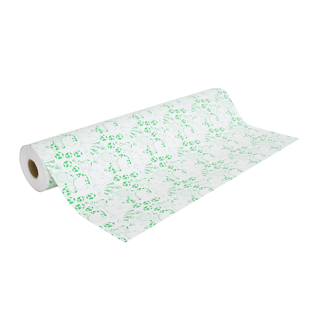 Rouleau de papier cadeau motifs dinosaures vert, 0,7 x 100 m, en papier couché 60/90 g recyclable, idéal pour boutiques cadeaux, jouets et papeteries.