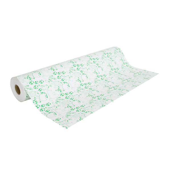 Rouleau de papier cadeau motifs dinosaures vert, 0,7 x 100 m, en papier couché 60/90 g recyclable, idéal pour boutiques cadeaux, jouets et papeteries.