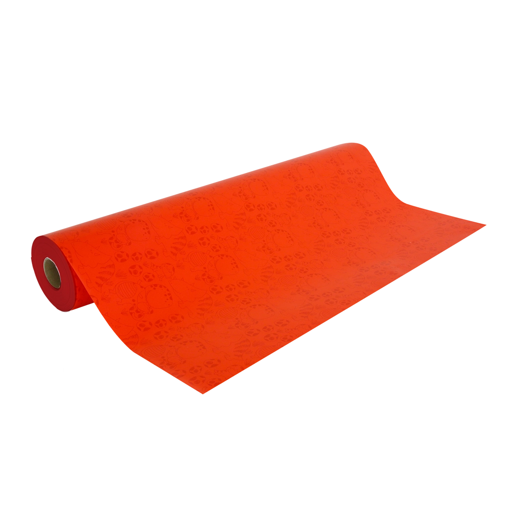 Rouleau de papier cadeau motifs dinosaures rouge, 0,7 x 100 m, en papier couché 60/90 g recyclable, idéal pour boutiques cadeaux, jouets et papeteries.