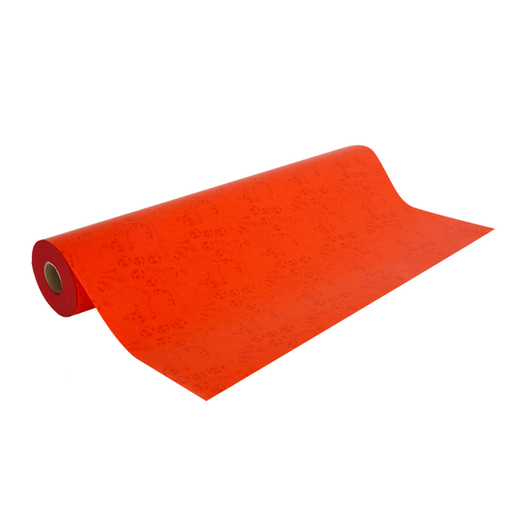 Rouleau de papier cadeau motifs dinosaures rouge, 0,7 x 100 m, en papier couché 60/90 g recyclable, idéal pour boutiques cadeaux, jouets et papeteries.