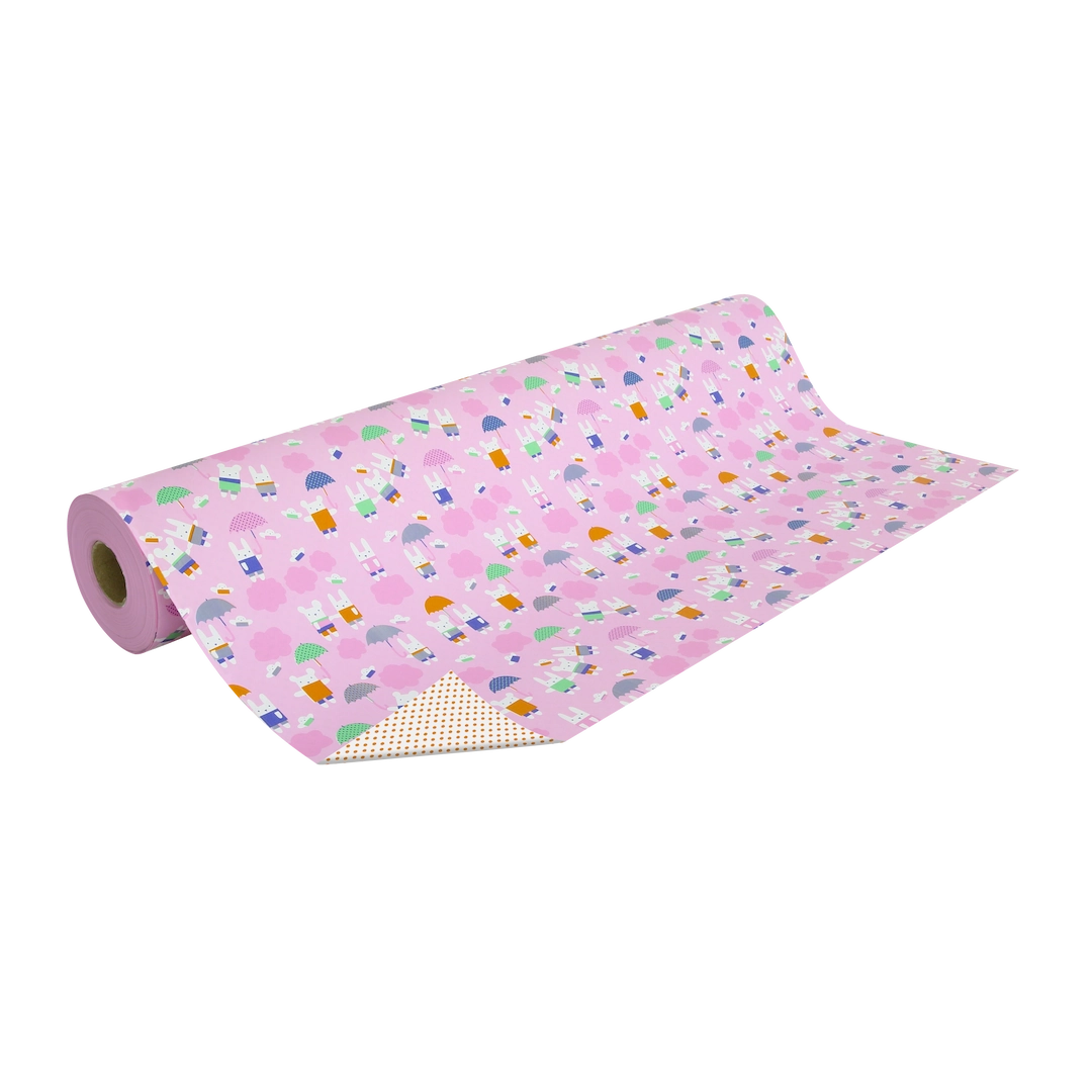 Rouleau de papier cadeau recto-verso motifs lapins et pois orange, 0,7 x 100 m, en papier couché 60/90 g recyclable, idéal pour boutiques cadeaux, jouets et papeteries.