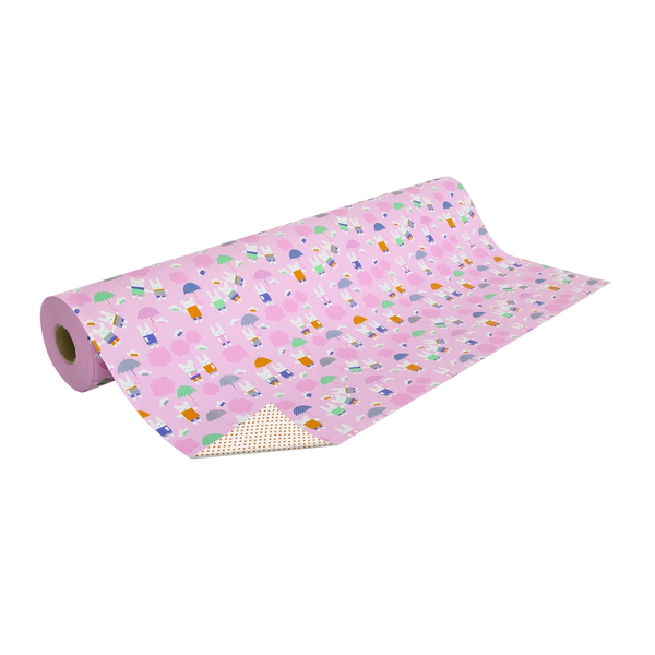 Rouleau de papier cadeau recto-verso motifs lapins et pois orange, 0,7 x 100 m, en papier couché 60/90 g recyclable, idéal pour boutiques cadeaux, jouets et papeteries.