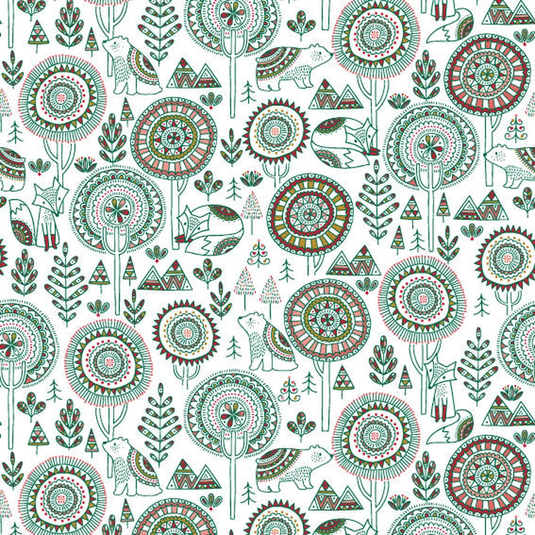 Rouleau papier cadeau Noël motif animaux et plantes vertes sur fond couché blanc 90 g – 0,7 x 100 m