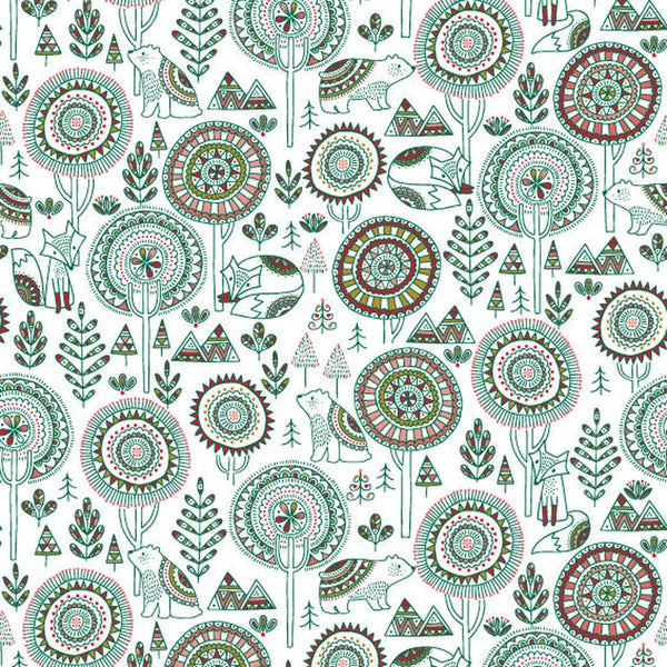 Rouleau papier cadeau Noël motif animaux et plantes vertes sur fond couché blanc 90 g – 0,7 x 100 m