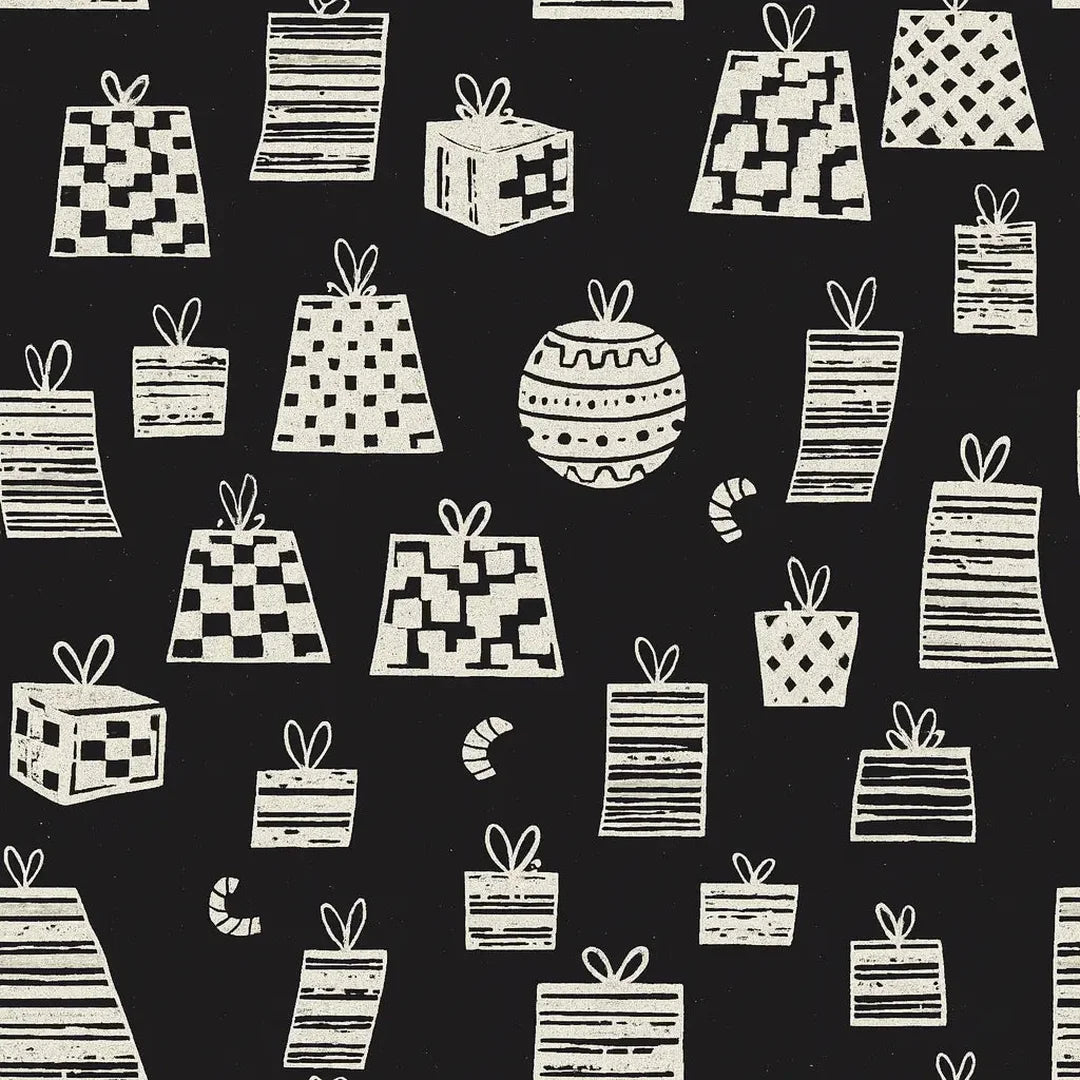 Rouleau papier cadeau Noël motifs blancs sur fond noir couché 90 g – 0,7 x 100 m